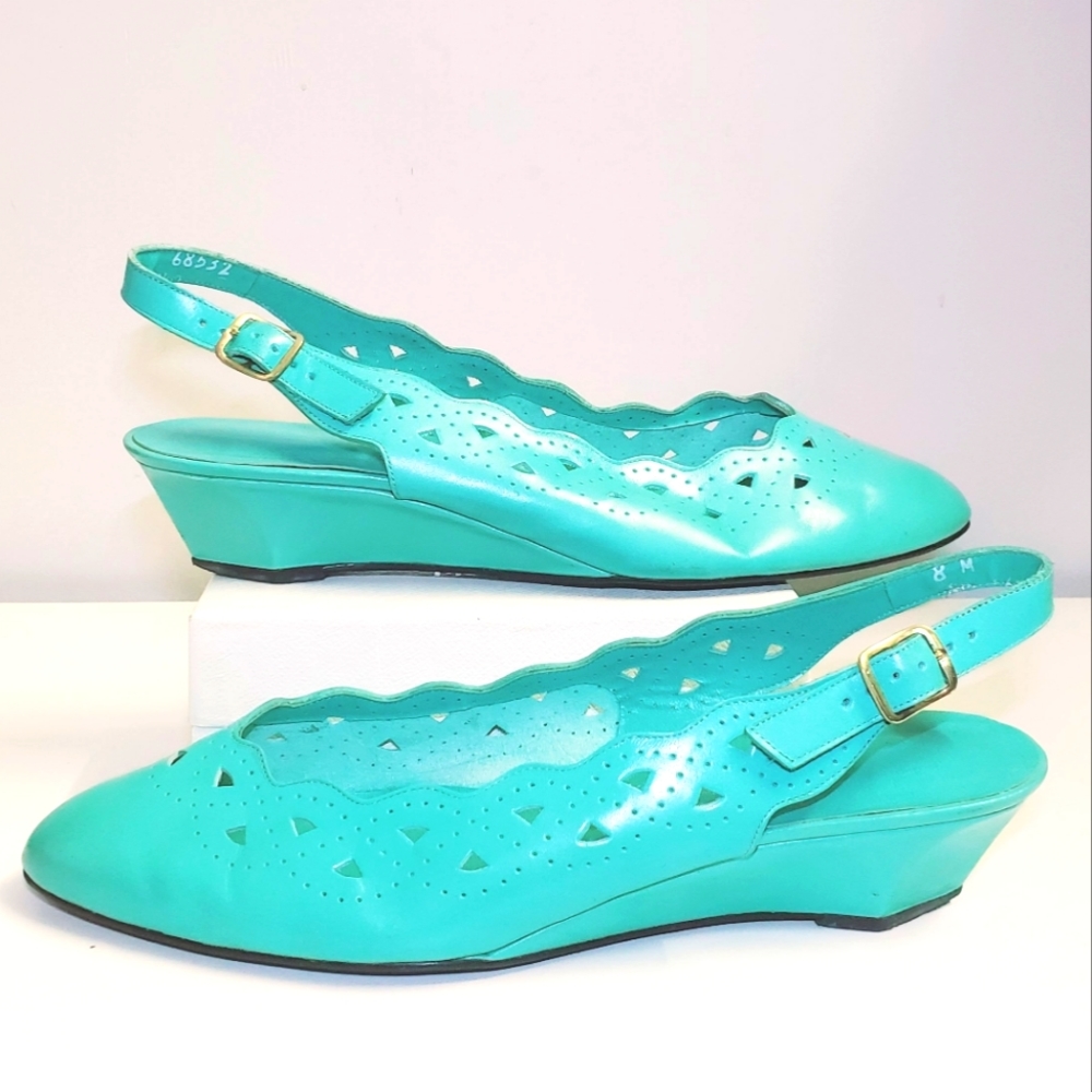 #382 Vintage Naturalizer Seafoam Green Blue Women's Slingback Heels 8 Leather